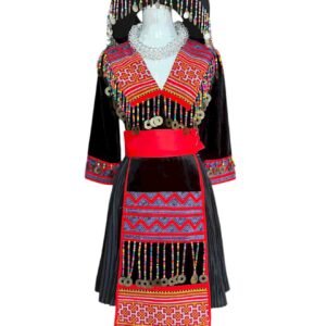 Traditional Hmong Embroidered Dress with Beaded Headdress