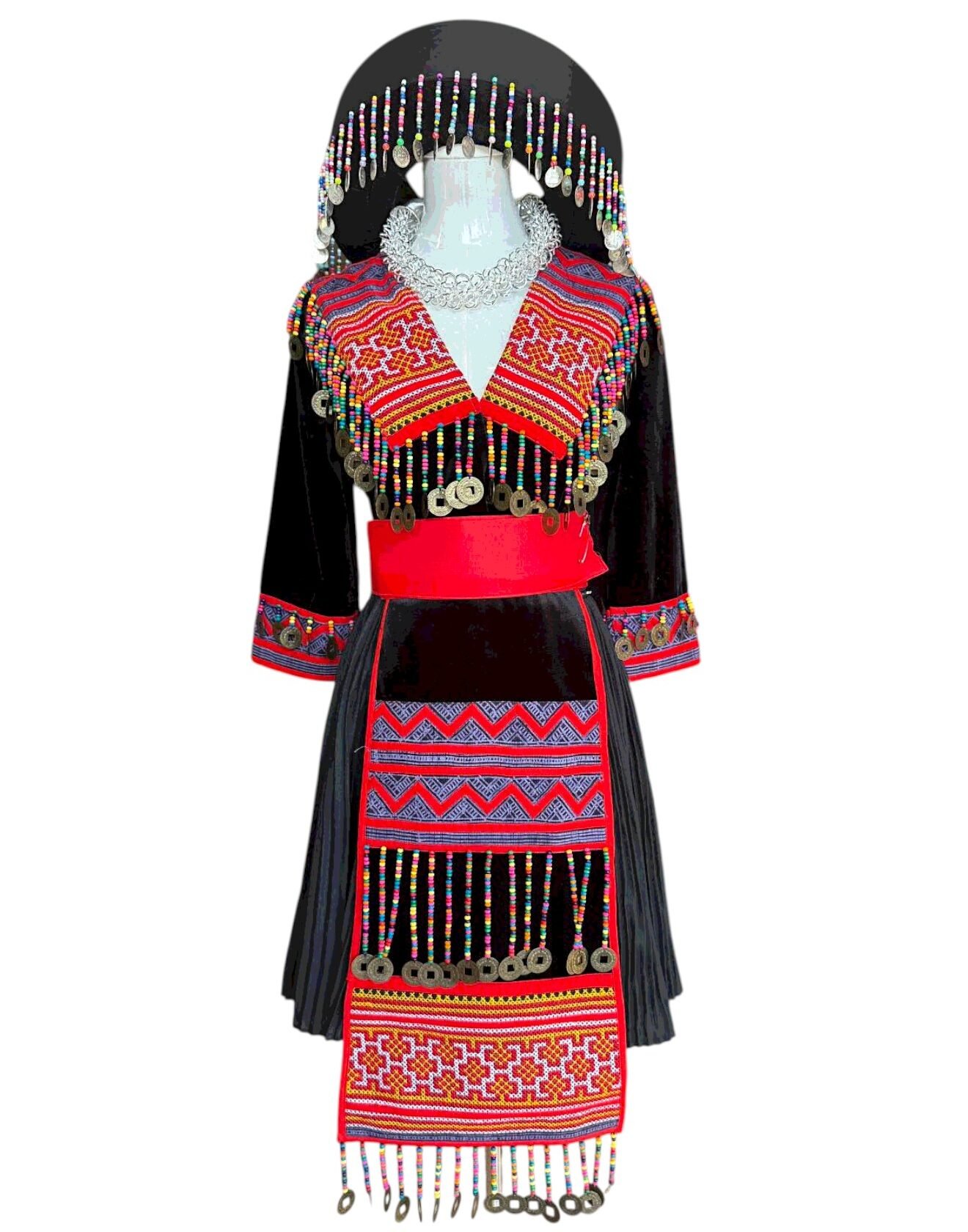 Traditional Hmong Embroidered Dress with Beaded Headdress