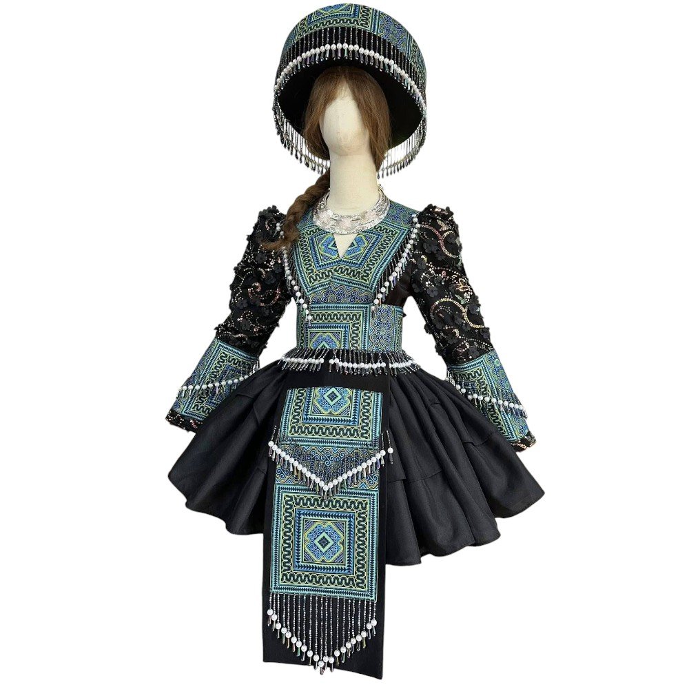 Traditional Hmong Embroidered Dress with Headdress
